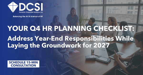 Image of managers and employees in a planning meeting. Text: Your Q4 HR Planning Checklist. Click for free consultation.