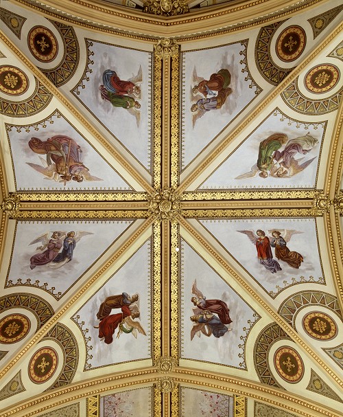 Ceiling at the crossing with a glimpse of the nave ceiling at the bottom