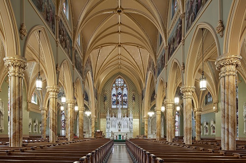 The completed interior of St. Patrick's church in Lowell, MA