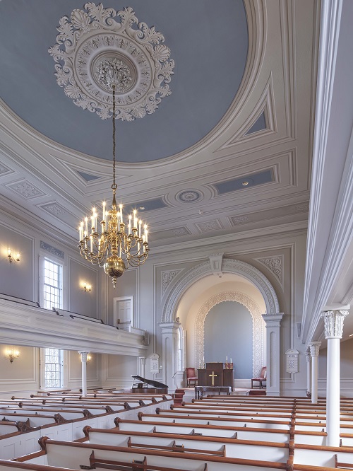 Completed decorated interior of First Church of Christ, Woodbridge, CT