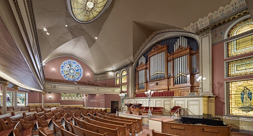 The completed interior of First Church of Christ, Scientist in Boston, MA