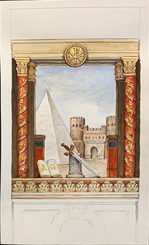 Watercolor rendering of a rectory ballroom mural