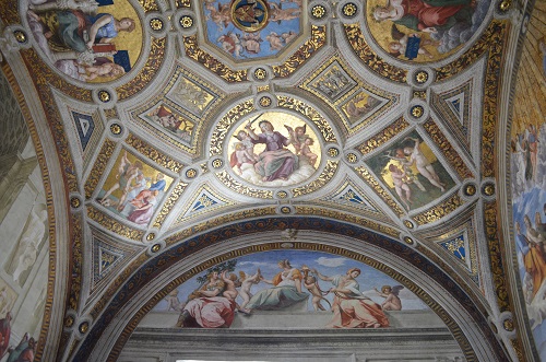 Ceiling of the Vatican Museum with decoration and trompe l'oeil moldings between murals